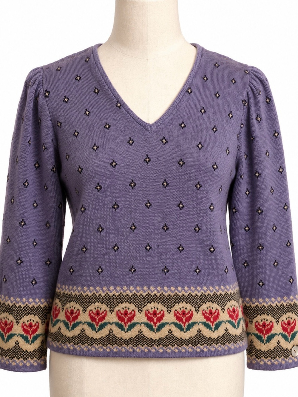 CULLINANE Vintage Purple Fair Isle Floral Knit Sweater V-Neck Cottage-core